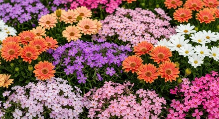 Fototapeta premium A vibrant tapestry of colorful flowers, including orange gerbera daisies, purple aster, and pink phlox, blooming in a garden