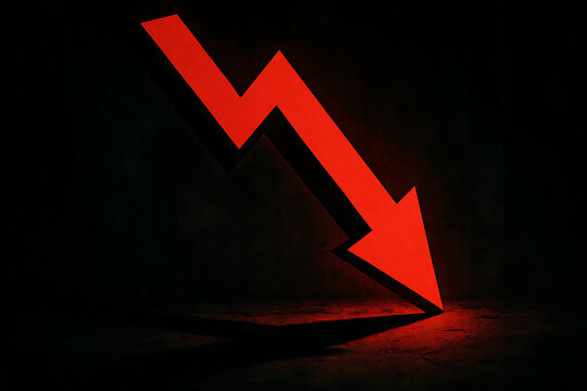 Dramatic red downward arrow signifies financial crisis, market crash, or negative trend