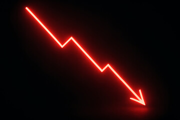 Dynamic red neon arrow charts downward trend signaling financial decline