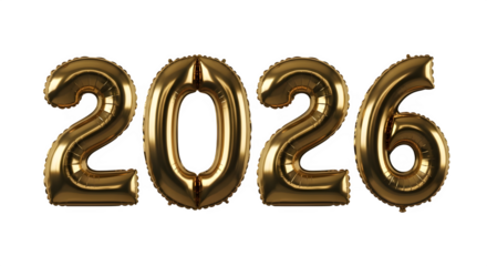 Golden balloons forming the number 2026 against a black background for new year celebrations