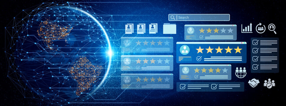Digital dashboard showing employee evaluation, star ratings, and performance metrics for HR and management analytics Parse