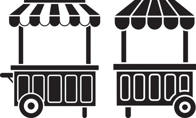 Two food cart silhouettes with striped awnings silhouette