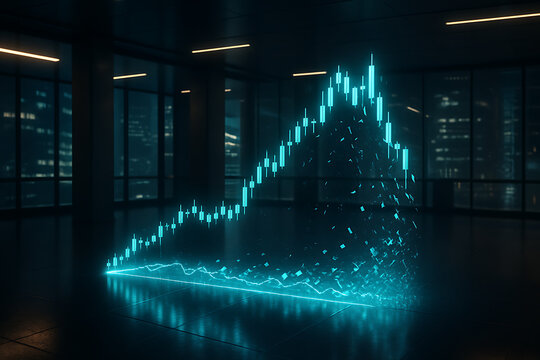 Dynamic stock market chart transforming into digital particles in modern office