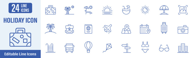 Holiday web icons in line style. Contains icons vacation, holiday, travel, tourism, beach, summer, relax and more. Vector illustration.