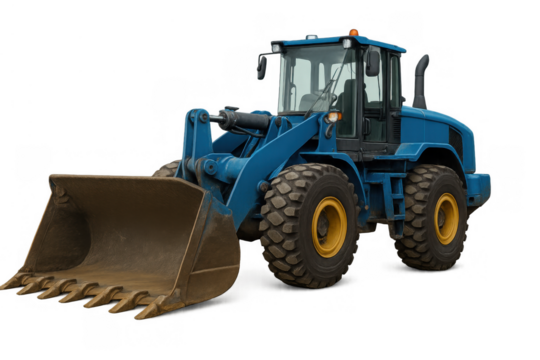 Blue wheel loader working on construction site, moving earth, showing heavy machinery, powerful equipment, transparent background