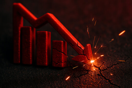 Dramatic red downward trend graph with sparks and cracks signifies business crisis