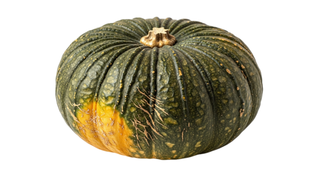 Closeup of a green pumpkin with a yellow spot isolated on transparent background, showcasing its natural texture and unique color variations