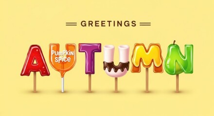 Autumn greetings spelled out with colorful lollipop candies on yellow background