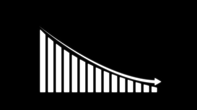 Falling Chart with Arrow Animation, Animated Financial Crisis Chart with Trend Line Graph, Down business graph icon animation on black background.footage of Graph showing fluctuate downward trend.4k
