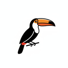 Obraz premium Vibrant tropical toucan illustration featuring cheerful bird with striking orange beak, black body, and white chest, perched happily on simple branch, exuding lively and joyful mood