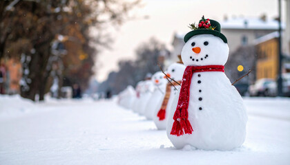 Fototapeta premium Charming row of happy snowmen with hats and scarves standing in a snowy winter landscape.