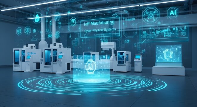 Futuristic Smart Manufacturing Factory Floor with Holographic Digital Transformation Interface