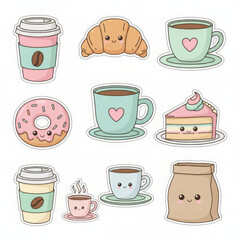 Obraz premium Cute kawaii illustration of delicious food and drink items with smiling faces, perfect for breakfast or dessert. charming collection of coffee cups, donut, croissant, cake slice, paper bag