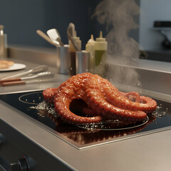 Gourmet preparation of a whole octopus sizzling on a modern induction hob, steam rising in a professional kitchen setting