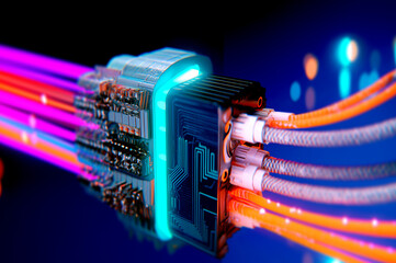 A vibrant, futuristic depiction of a circuit board with glowing connections, showcasing advanced technology and digital innovation.