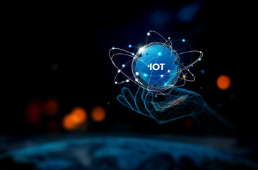 A futuristic hand holds a glowing globe labeled "IoT," representing the Internet of Things amidst a digital backdrop.