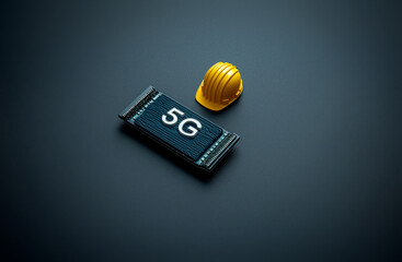 A 3D-rendered image featuring a yellow hard hat and a card labeled "5G," suggesting themes of technology and construction.