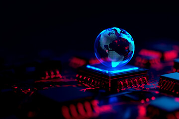A futuristic globe is illuminated on a circuit board, showcasing a blend of technology and digital design in vibrant blue and red hues.