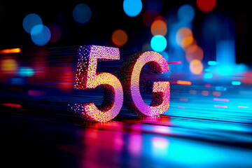 A vibrant depiction of "5G" technology, illuminated with colorful lights, symbolizing speed and connectivity in the digital age.