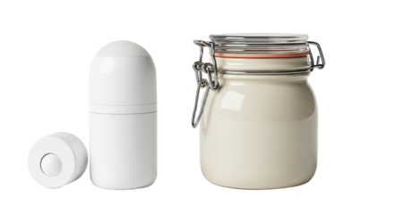 White Thermos Bottle with Cap and Jar.