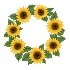 Sunflower Floral Vine Wreath with Green Leaves &ndash; Transparent Background PNG