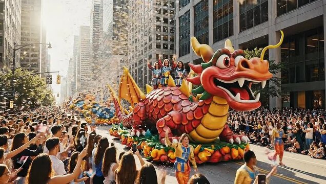 Dragon float parade in city street.