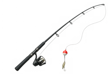 Fishing rod with a spinning reel, line, red and white bobber, and a shiny lure, ready for angling, leisure, and sport