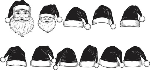 Santa hats collection, vintage Christmas sketch set, hand drawn holiday illustrations with festive Santa faces, winter season artwork, cad drawing flat vector illustration © Nur-Nobin Creations