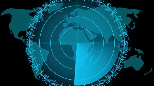Radar screen animation, moving radar HUD call animated. Sonar tactical readout of an incoming object. Scanning Submarine Radar Screen With World Map, futuristic user interface computer system .4k