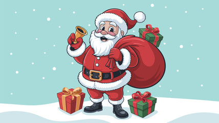 Santa claus holding a bell and carrying a gift sack with presents in a snowy winter landscape, perfect for festive holiday designs, christmas artwork and seasonal artwork