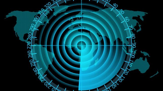 Radar screen animation, moving radar HUD call animated. Sonar tactical readout of an incoming object. Scanning Submarine Radar Screen With World Map, futuristic user interface computer system .4k