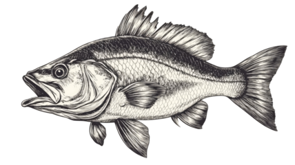 Hand-drawn fish vintage drawing with intricate detailed scales and flowing fins captured in classic illustrated style isolated on white background
