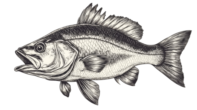 Hand-drawn fish vintage drawing with intricate detailed scales and flowing fins captured in classic illustrated style isolated on white background
