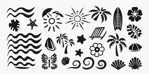 Collection of black and white tropical beach vacation icons and symbols © Bithi