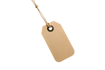 Blank kraft paper price tag hanging by a string against a solid transpaprent background