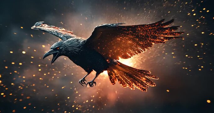 A majestic raven soaring through a dark, fiery sky, embodying mystery and power