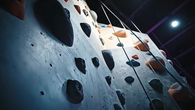 Indoor rock climbing wall with colorful holds and ropes illuminated by vibrant lights ready for adventure.