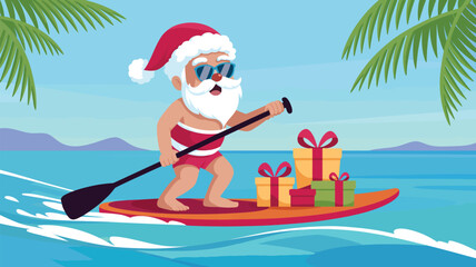 Obraz premium Santa surfing on a paddle board delivering christmas gifts at a tropical beach, fun holiday illustration with ocean waves, palm trees, sunshine and festive summer celebration theme