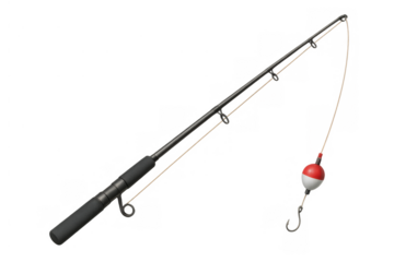 Fishing rod with line, red and white bobber, and hooked bait for recreational angling activity