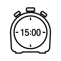 Outline timer icon showing fifteen minutes countdown or duration for task completion, time management, and deadlines.