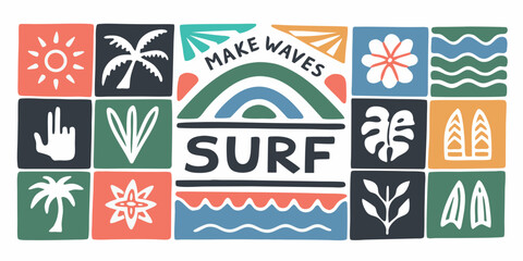 Retro surf vibes make waves graphic with sun palm trees and ocean waves