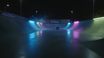 Nighttime Skate Park with Neon Lights and Reflections. - Powered by Adobe