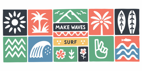 Colorful mosaic of surf inspired icons and text make waves and surf