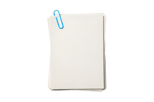 A stack of blank white paper sheets held together by a single blue paperclip against a stark transparent background