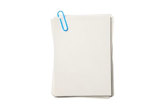 A stack of blank white paper sheets held together by a single blue paperclip against a stark transparent background