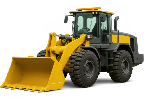 Yellow wheel loader working on construction site, moving earth, preparing land, industrial equipment on transparent background
