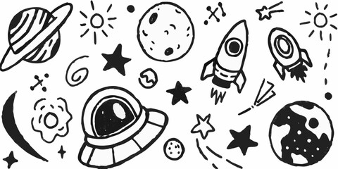 Whimsical hand drawn space doodle elements featuring planets rockets stars and astronaut helmet