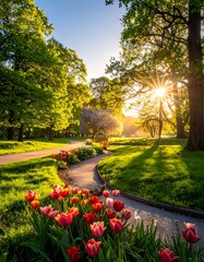 Obraz premium A path through a vibrant garden during sunrise, filled with blooming flowers