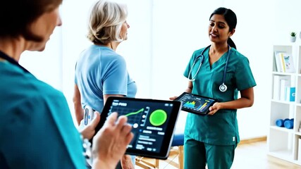 Medical professionals analyze data on tablets, assessing a patient during physical therapy - Powered by Adobe