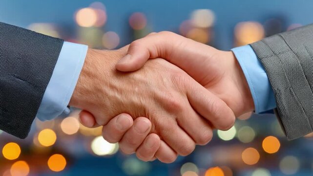 Business Agreement: A close-up shot of two individuals sealed a partnership or agreement through a firm handshake, a symbol of trust and success. Capturing business meeting and deal making.